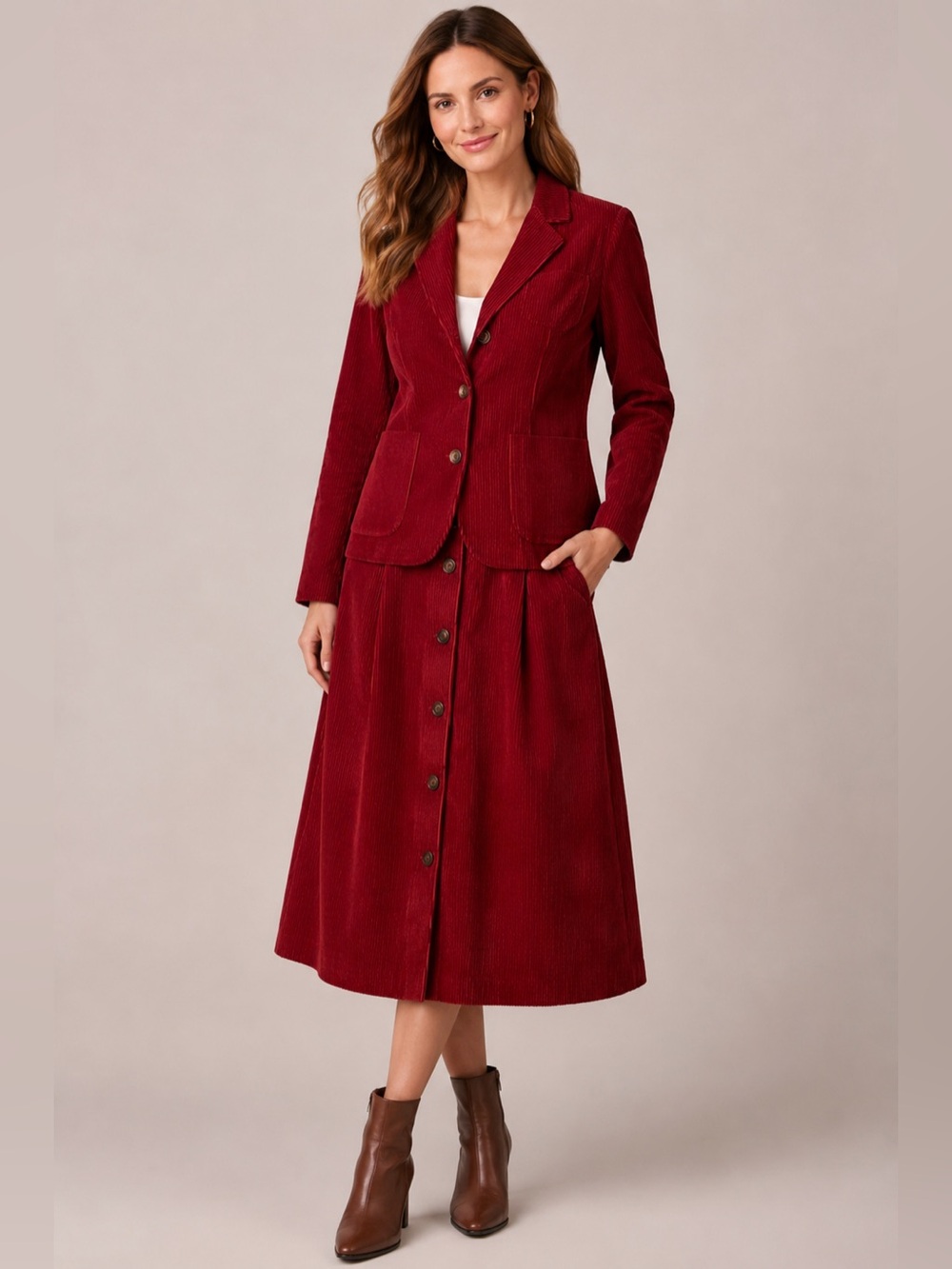 Regatta Sport VTG Red Corduroy Skirt Suit Set   Blazer & A-Line Midi skirt Sz. 6